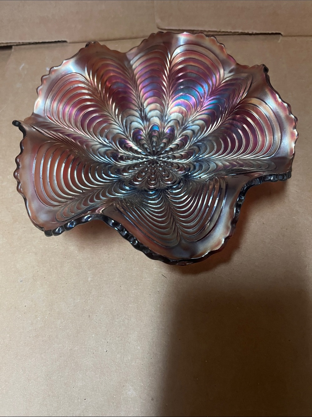 Iridescent Carnival Glass Decorative Bowl - Pink and Gold